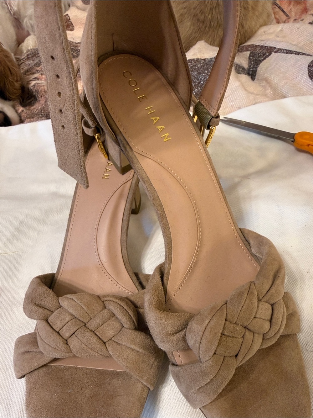 Cole Haan Women's Suede Braided Block Heel Sandals in Taupe 8B